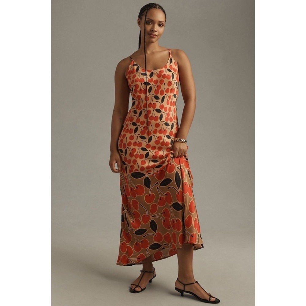 Anthropologie Conditions Apply Elva Slip Cherry Print Silky Maxi Dress
